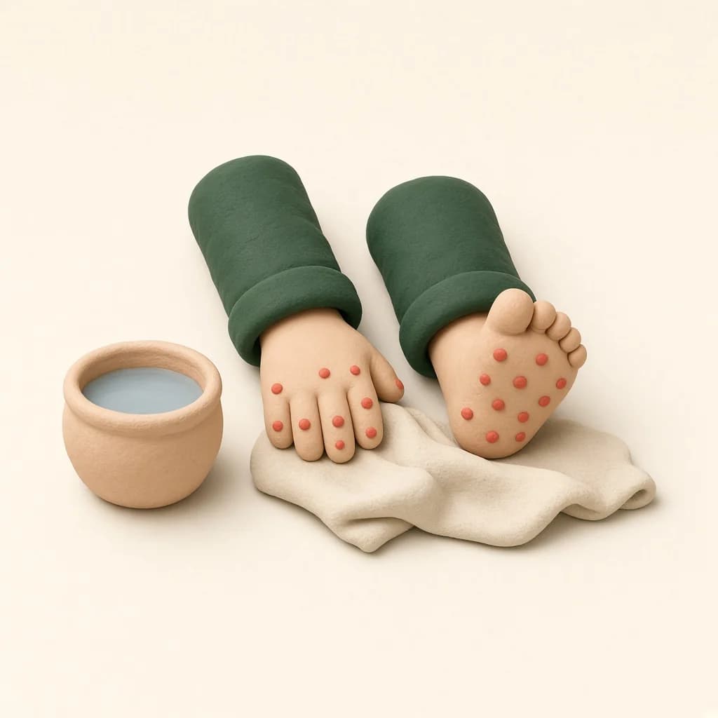 Ilustrasi clay telapak tangan dan kaki dengan bintik kecil, plus gelas minum