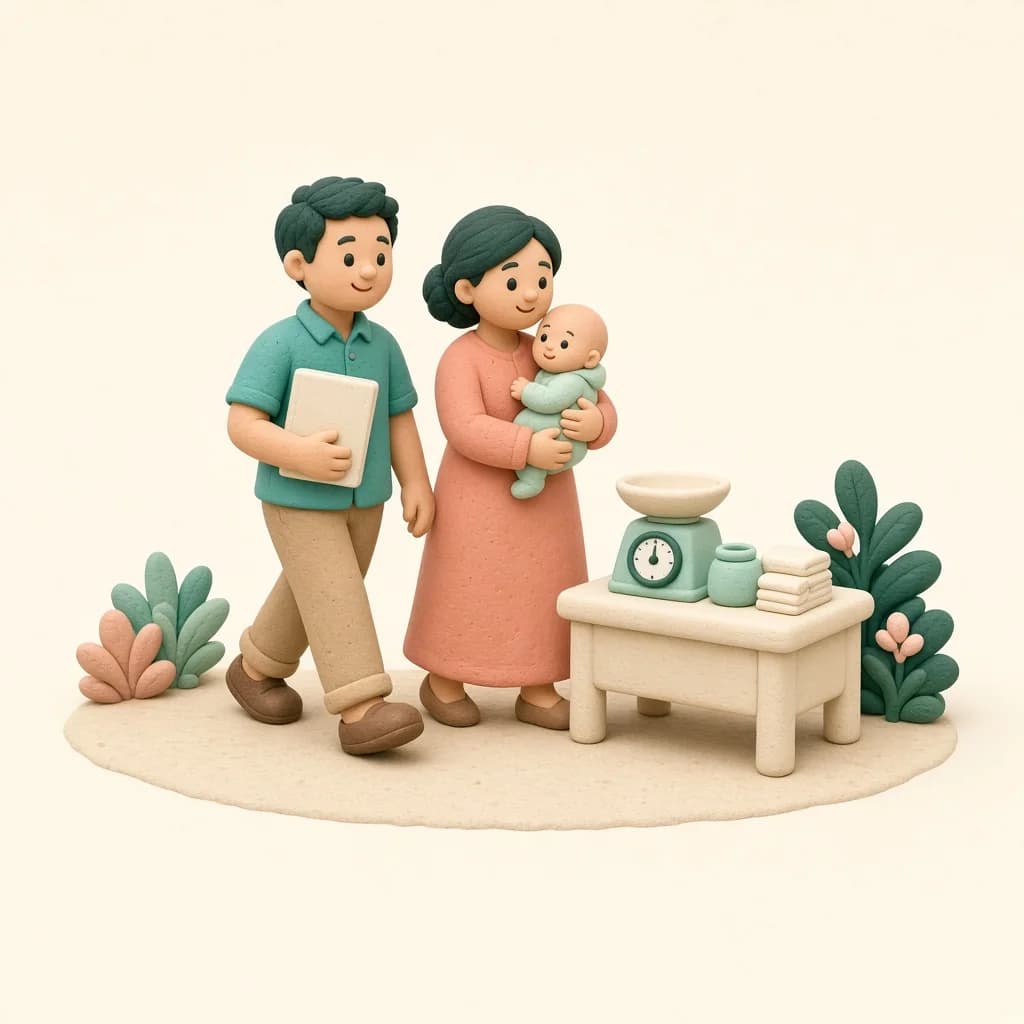 Ayah mengantar ibu dan bayi ke meja posyandu, semuanya berpakaian lengkap