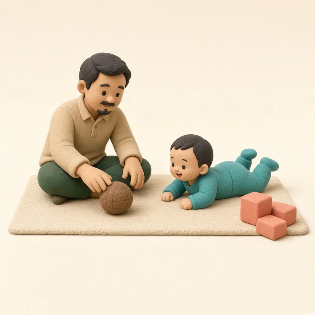 Ayah dan bayi berpakaian lengkap bermain di lantai dengan balok kayu