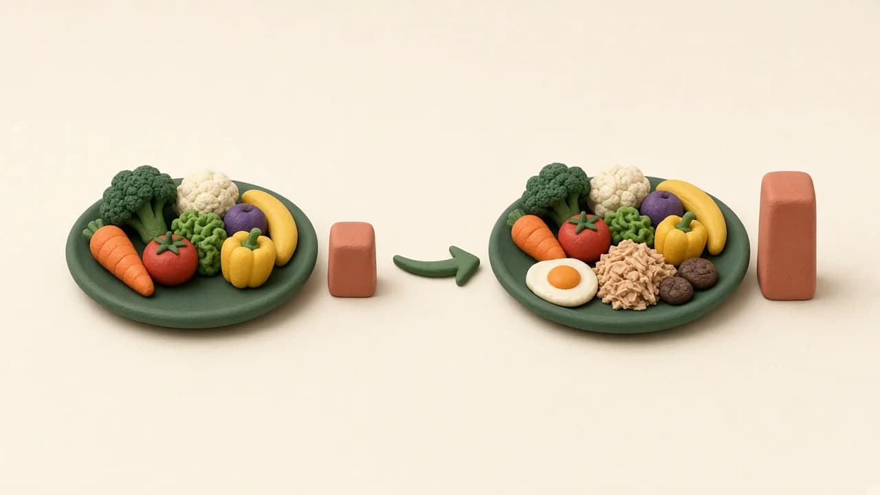 Perbandingan piring sayur saja dan piring lengkap dengan protein hewani
