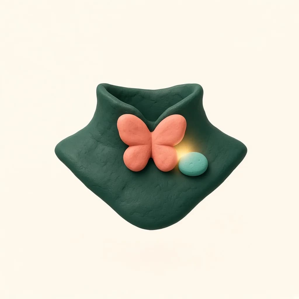 Ilustrasi clay kelenjar tiroid berbentuk kupu-kupu yang redup, lalu menyala setelah tablet kecil