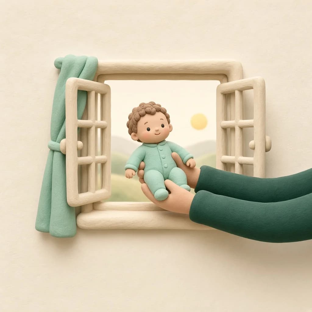 Jendela dengan cahaya lembut, bayi berpakaian lengkap di pangkuan, tanpa matahari terik